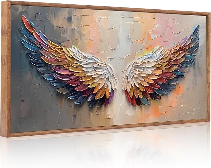 Aurlan Angel Wings Hand Painted Framed Wall Decor(40"x20"), Large Abstract Colorful Feather 3D Textured Oil Painting Canvas Artwork, Modern Contemporary Inspirational Wall Art for Living Room Bedroom-Ruum Studio Home