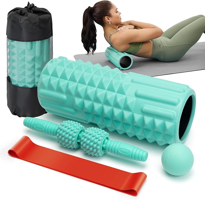 5 in 1 Foam Roller Set - Back Roller Foam, Massage Roller Stick, Massage Ball, Resistance Band for Physical Therapy & Deep Tissue Muscle Massage (Green)-Ruum Studio Home