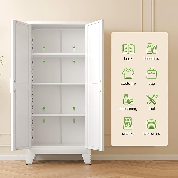 61" Tall Farmhouse Metal Pantry Cabinet, Kitchen Pantry Storage Cabinets with 2 Barn Door and Adjustable Shelves,Metal Pantry Storage Cabinet,for Kitchen,Laundry Room,Home Office,Kids Room (White)-Ruum Studio Home