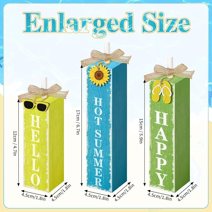 3 PCs Wooden Tiered Tray Decor Hello Happy Hot Summer Rustic Table Decor Block Signs for Beach Island Home Office Decorations (Summer-1)-Ruum Studio Home