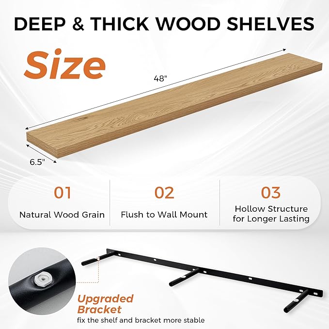 Fun Memories 48 Inch Floating Shelves for Wall, Set of 2 – Rustic Wood Wall-Mounted Shelves with Invisible Brackets for Bedroom, Bathroom, Kitchen – Storage, Books, or Decor, Oak-Ruum Studio Home