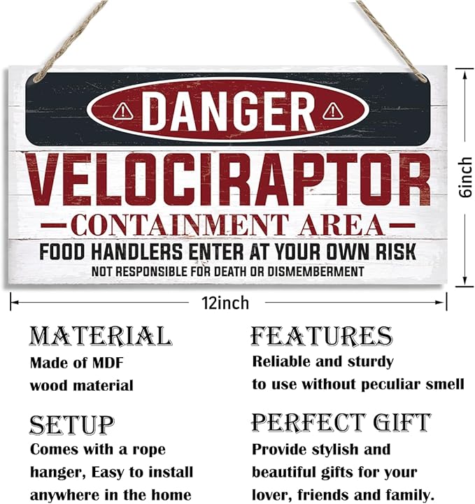 Warning Velociraptor Containment Area Sign, Danger Dinosaur Park Decor, Decorative Hanging Wood Plaque, Farmhouse Indoor Outdoor Decor, Door Gate Hanger, Novelty Sign-Ruum Studio Home