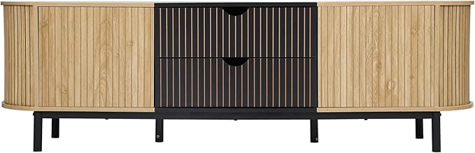 71" Tambour Door TV Stand,Wood Mid Century Modern TV Cabinet for Up to 85“ TV,Curved Edge Long TV Stand with Storage for Bedroom Living Room(Natural, 71inch)-Ruum Studio Home