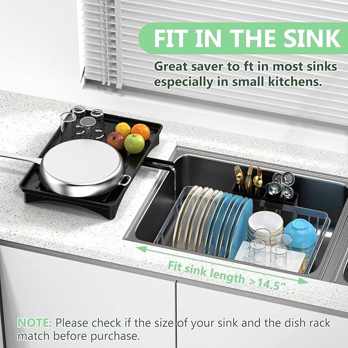 LEMIKKLE Expandable Dish Drying Rack- Space-Saving Dish Rack, Dish Drainers for Kitchen Counter with a Cutlery Holder, Over The Sink Dish Racks Fit for 14’’-19’’ Kitchen Sink Grey-Ruum Studio Home