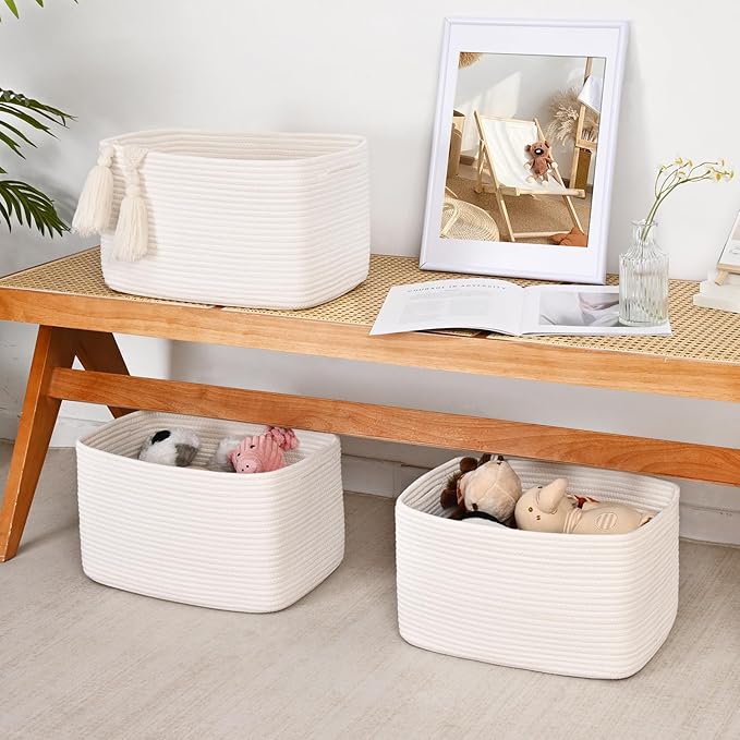 3-Pack Shelf Baskets for Organizing, Woven Storage Basket for Shelves, Cotton Rope Storage Bins for Toys Books, Nursery Towel Baskets for Classroom, 14.96"X9.8"X8.85", White-Ruum Studio Home