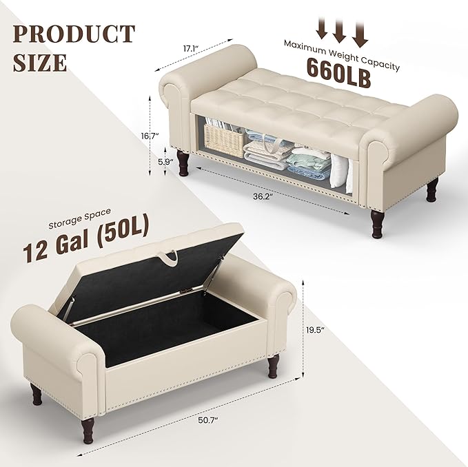 51" Storage Ottoman Bench for Bedroom, Full Queen Storage Bench with Button, Upholstered Bedroom Bench with Rolled Arms for Living Room, Storage Room, Entryway, Beige+Brown Legs-Ruum Studio Home