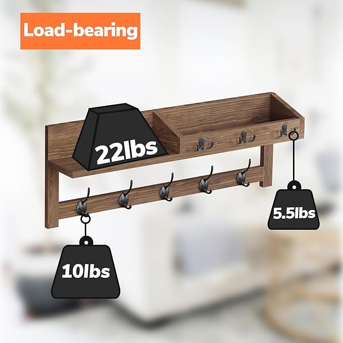 AMBIRD Wall Hooks with Shelf 26.57inch Entryway Wall Hanging Shelf Wood Coat Hooks for Wall with Shelf Coat Rack Wall Mount Rack with 5 Dual Hooks 3 Key Hooks Mail Organizer and Key Rack Key Holder-Ruum Studio Home