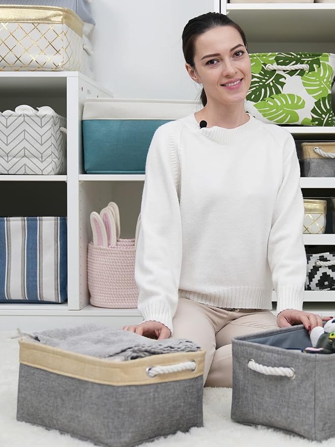 TheWarmHome Storage Basket for Organizing - 3 Pack 14x10x7 inch Large Collapsible Storage Bin for Shelves, Fabric Storage Cubes for Organizer ClosetCloth Gift Toy (Grey & Gold)-Ruum Studio Home