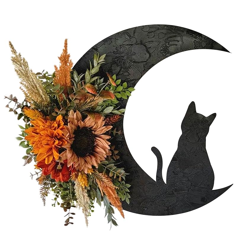Halloween Wreaths for Front Door, Black Cat on Moon Garland with Rose Wreath Decor, Halloween Decorations Crescent Moon Wreath for Home Party Window Wall Indoor Outdoor (orange flower)-Ruum Studio Home