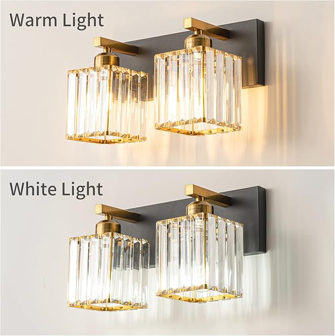 Modern Bathroom Vanity Light 2-Lights Black Gold Crystal Bathroom Wall Light Vanity Light Fixtures，12.59-inch Modern Minimalist Design-Ruum Studio Home