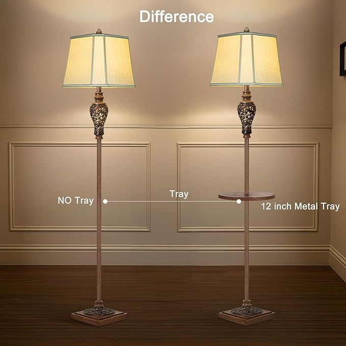 65" High Vintage Floor Lamp with Night Light and Glass Tray, Farmhouse Standing Lamp with Beige Faux Silk Shade, Retro Rustic Tall Lamp Decor for Living Room, Bedroom, Bedside, Corner (Bulb Included)-Ruum Studio Home