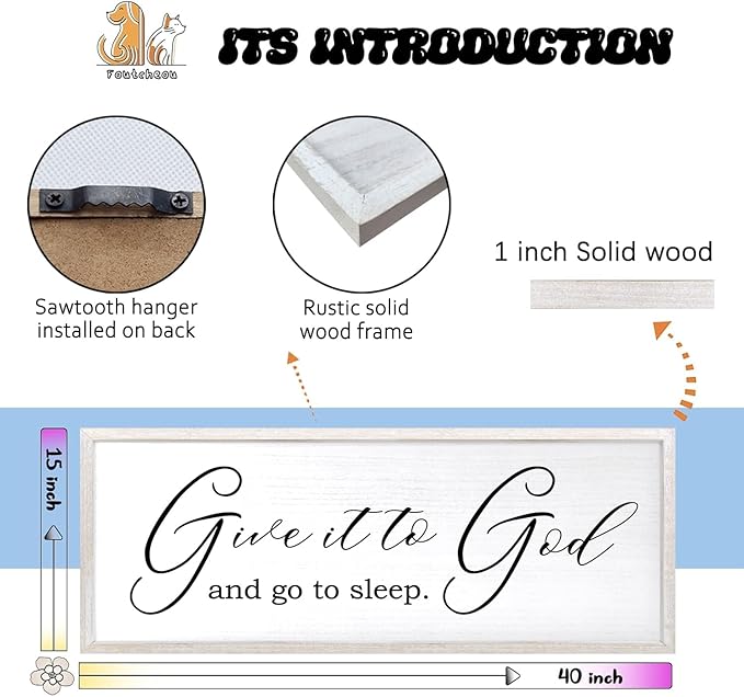 Give It To God And Go To Sleep Sign Wall Decor 40x15 Inch Large Farmhouse Master Bedroom Above Bed Hanging Wall Art Rustic Guest Room Wood Framed Over Bed Wall Decoration (White)-Ruum Studio Home