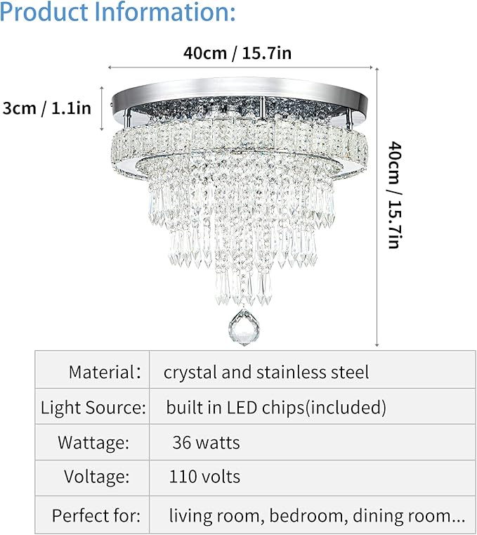 16“ Crystal Chandeliers Light Flush Mount Ceiling Light Fixtures Round Modern LED Chandelier for Living Room Bedroom Dining Room Closet Hallway (Cool White)-Ruum Studio Home