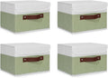 ANMINY 4PCS Storage Boxes with Lid Washable Decorative Storage Bins Basket with PU Leather Handle Foldable Linen Fabric Storage Cubes Containers for Home Closet Organizer - Green White, Small Size-Ruum Studio Home