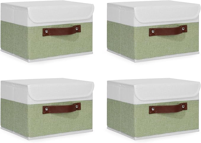 ANMINY 4PCS Storage Boxes with Lid Washable Decorative Storage Bins Basket with PU Leather Handle Foldable Linen Fabric Storage Cubes Containers for Home Closet Organizer - Green White, Small Size-Ruum Studio Home