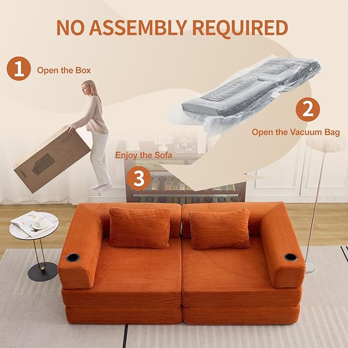 78" W Loveseat Sofa, 4 in 1 Convertible Floor Sofa Bed, Boneless Cloud Couch with Cup Holder, Fold Out Floor Couch, Loveseat Recliner Sleeper for Living Room Bedroom Lounge(Corduroy, White)-Ruum Studio Home