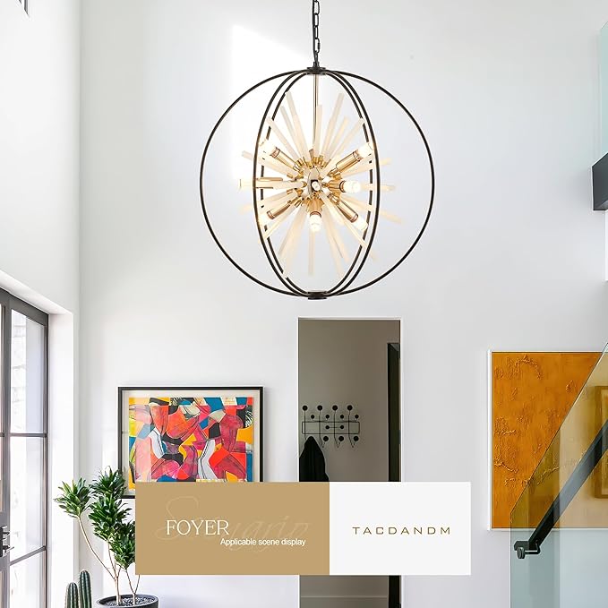 23.6" Black Gold 12-Light Globe Sputnik Chandelier Modern Adjustable Hanging Ceiling Glass Tube Pendant Light Fixture for Entryway Foyer Staircase Dining Living Room Hallway-Ruum Studio Home