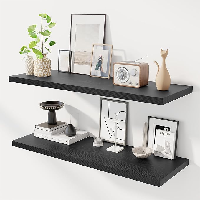 40" Floating Shelves for Wall, 12" Deep Slim Black Floating Shelves, Wall-Mounted Shelves for Bedroom, Living Room, Kitchen, Bathroom - Set of 2-Ruum Studio Home