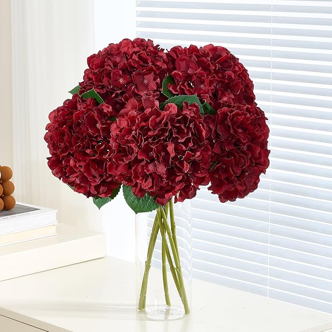 8Pcs Burgundy Fake Flowers Silk Hydrangea Artificial Flowers Bouquets Faux Hydrangea Stems for Home Table Centerpieces Wedding Party Decoration-Ruum Studio Home