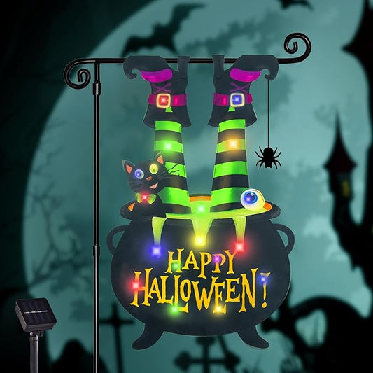 Halloween Lighted Garden Flag for Outside, Led Solar Yard Flag 8 Modes Witch Feet Shape Flag, 12x18 Double Sided Cauldron Eyeball Black Cat Decorations for Home Porch-Ruum Studio Home