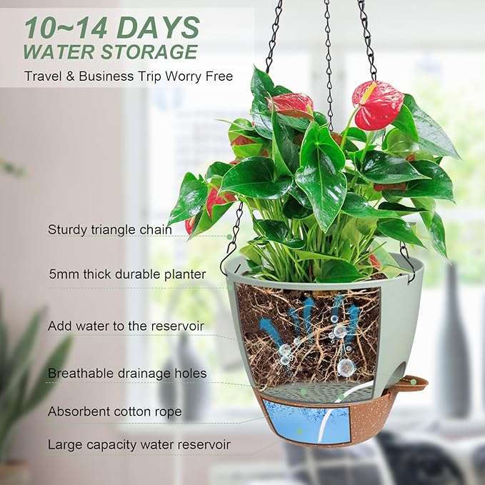 Hanging Planters for Indoor Outdoor Plants, 1 Set Self Watering Hanging Pot with Drainage Holes & Removable Tray (Green-12inch, 12'')-Ruum Studio Home