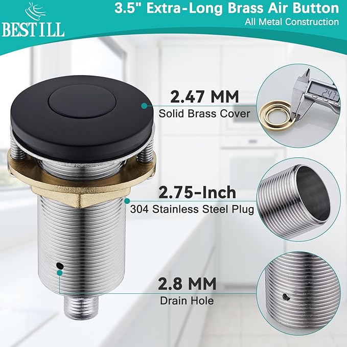 BESTILL Garbage Disposal Air Switch Kit - UL Listed, Brass 3.6" Long Push Button for Waste Disposer, Cordless Sink Top Switch Button, Matte Black, Compatible with all Garbage Disposals-Ruum Studio Home