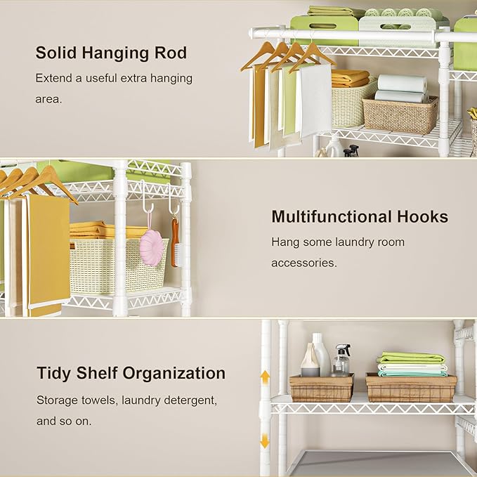 Ulif U13 Medium Over Washer and Dryer Storage Shelves, 6 Tiers Laundry Room Standing Shelf with 2 Hanger Rods, Space Saver Clothes Drying Rack, 57.8" W x 22" D x 77.4" H, White-Ruum Studio Home