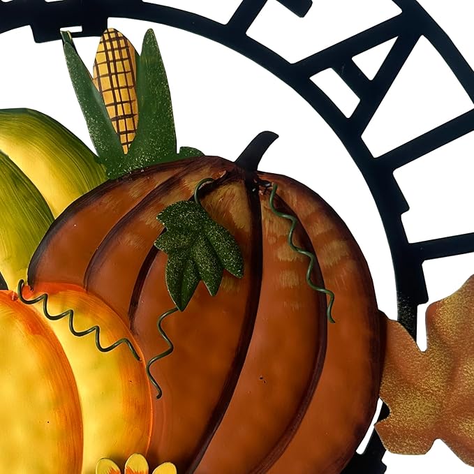 Metal Hanging Pumpkin Hello Fall Welcome Wreath Autumn Fall Harvest Decor for Front Door, Rustic Farmhouse Seasonal Thanksgiving Halloween Decoration-13''H-Ruum Studio Home