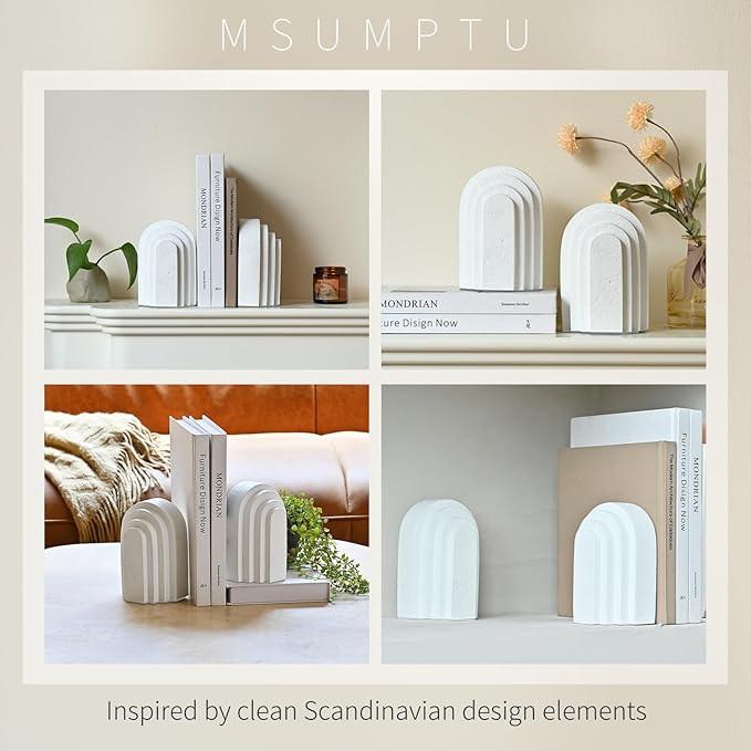 Decorative Bookends for Shelves, Set of 2 Book Ends for Heavy Books, Layered Arch Design White Bookend-Ruum Studio Home