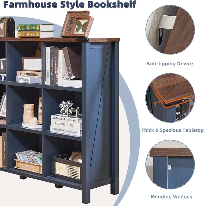 9 Cube Bookcase, Farmhouse 47 Inch Wide Navy Blue Bookshelf, Wooden 3 Tier Display Large Open Book Shelf, Vintage Horizontal Book Case for Home Office, Cubby Storage Cabinet for Living Room-Ruum Studio Home
