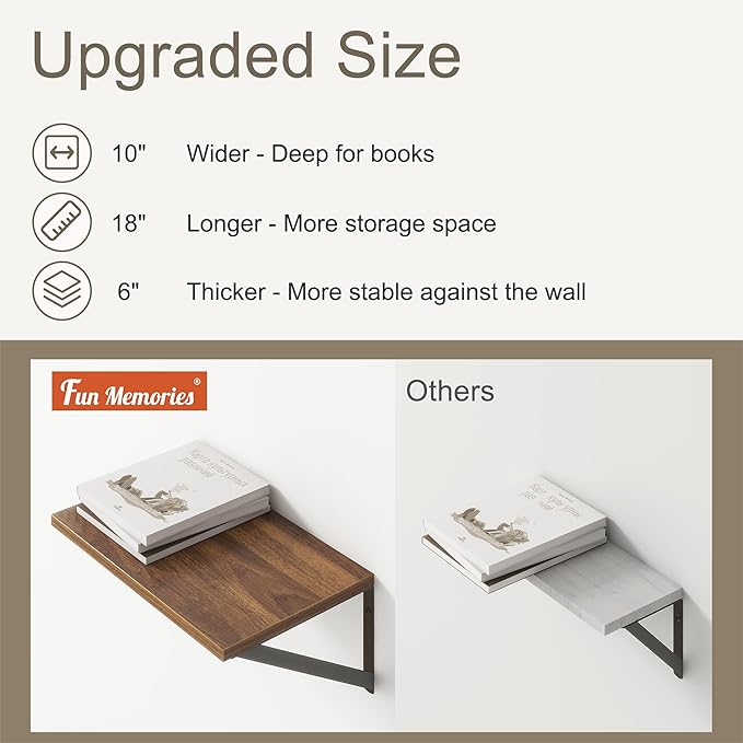 Fun Memories 18" W x10 D Floating Shelves, Farmhouse Wall Shelves Home Decor Shelf, Deep Bathroom Shelves with Bracket, 10 Inch Deep Wall Shelf for Living Room, Kitchen, Bedroom, Walnut, Set of 2-Ruum Studio Home