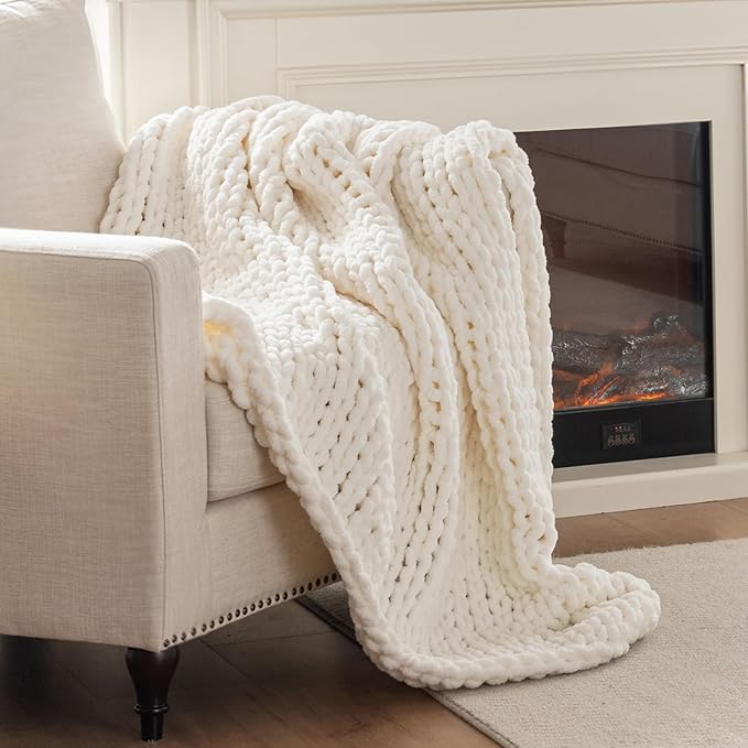 Chunky Knit Blanket Throw, 100% Hand Knit Throw Blanket Handmade Chenille Cable Knit Throw for Couch, Stylish Cozy Soft Rope Knot Crochet Blanket for Home Decor, Ivory, 40x50 Inches-Ruum Studio Home