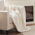 Chunky Knit Blanket Throw, 100% Hand Knit Throw Blanket Handmade Chenille Cable Knit Throw for Couch, Stylish Cozy Soft Rope Knot Crochet Blanket for Home Decor, Ivory, 60x80 Inches-Ruum Studio Home