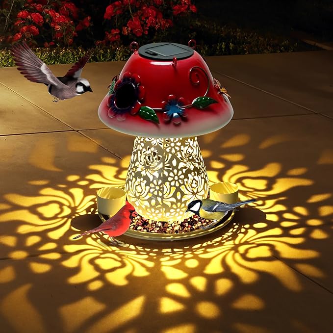 Mushroom Solar Bird Feeders for Outdoors Hanging Metal Wild Bird Feeder Garden Lantern with S Hook for Garden Decoration red-Ruum Studio Home