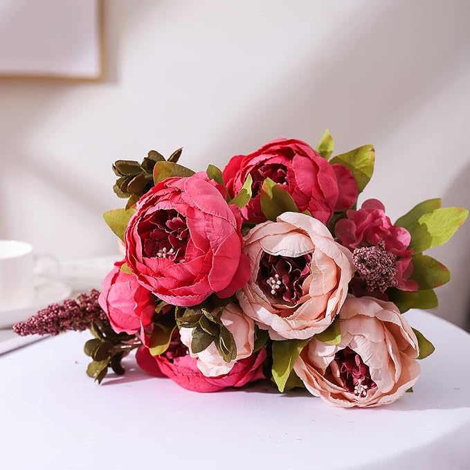 Duovlo Fake Flowers Vintage Artificial Peony Silk Flowers Wedding Home Decoration,Pack of 1 (Dark Pink)-Ruum Studio Home