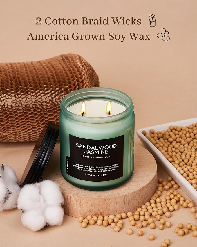 M&SENSE Sandalwood Jasmine Scented Candle, 11.6oz 70 Hours Burn Time Clean Non Toxic Natural Soy Wax Candle 2 Cotton Wick Home Decor for Mothers Day & Bathroom Bedroom-Ruum Studio Home