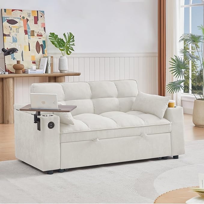65''Convertible Sleeper Sofa Bed,3-in-1 Pull Out Couch Bed with 360 Degree rotatable Side Table and USB Ports for Living Room,RV (07beige)-Ruum Studio Home