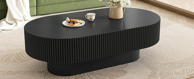 43.3" Oval Fluted Coffee Table Modern Elegant Drum End Table, Minimalist Center Table 7.8" Thick Tabletop with Sturdy Base for Living Room, Bedroom, Apartment,Easy Assembly, Black-Ruum Studio Home