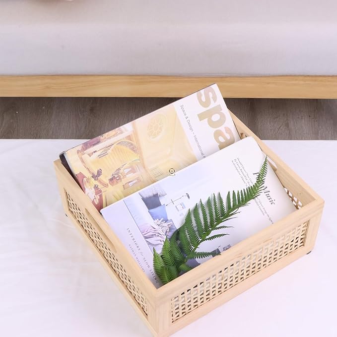 YRMT Wood Storage Crate Basket Rustic Wooden Storage Container for Organizing Decorative Bamboo Box with Handles for Pantry, Shelves Organizer 11.4" x 11.4" x 5" (Natural)-Ruum Studio Home