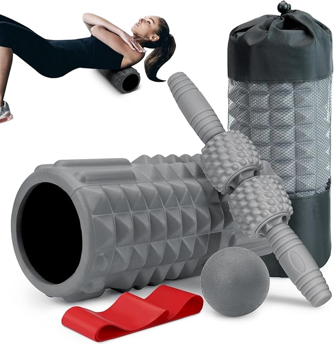 5-in-1 Foam Roller Set, Massage Roller Stick, Massage Ball, Resistance Band for Deep Muscle Massage, Trigger Point Release, Pilates, Yoga (Grey)-Ruum Studio Home