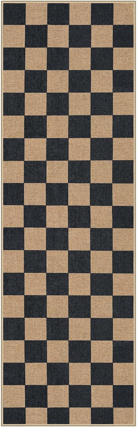 Lahome Checkered Easy Jute Runner Rug, 2x8 Kitchen Rug Non Slip Washable Outdoor Runner for Entryway Indoor, Checkerboard Black Indoor Outdoor Carpet for Hallway 8ft Entry-Ruum Studio Home