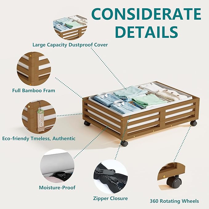Bamboo Under Bed Storage Containers- Underbed Organizer with Wheels with Large Dust Bag,Sturdy Wood Rolling Under the Bed Shoe Storage Organizer Drawer 2 Packs (Walnut, Small)-Ruum Studio Home