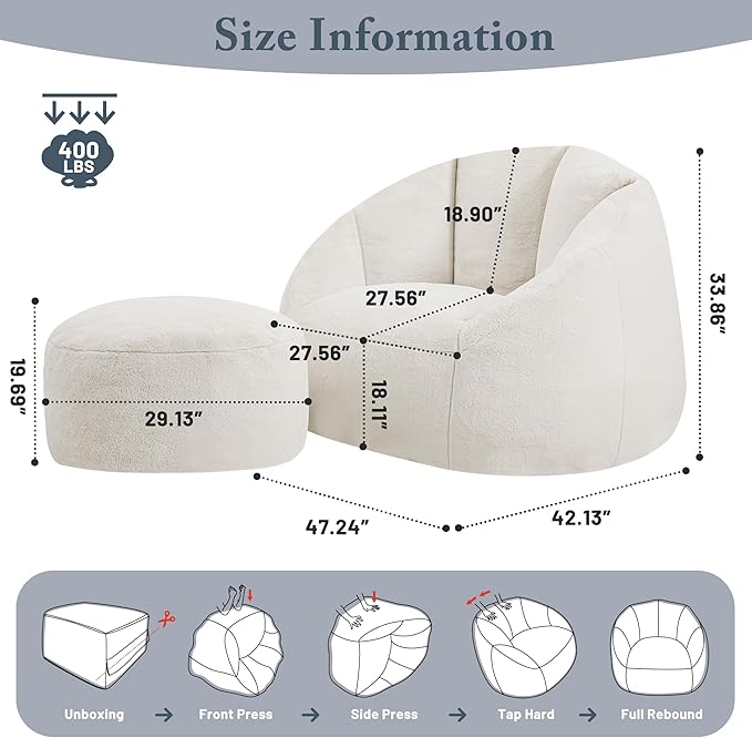 Giant Bean Bag Chaise Lounge Indoor Chair for Adults - Comfy Plush Round Shell Soft Accent Chair, Oversized Cozy Floor Sofa for Living Room, Bedroom & Game Rooms, Beige-Ruum Studio Home