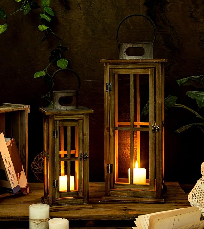 TIMRIS Large Farmhouse Wooden Metal Lantern Set of 2, Rustic Decorative Floor Candle Lanterns, Vintage Distressed Hanging Lanterns for Home Décor (No Glass)-Ruum Studio Home