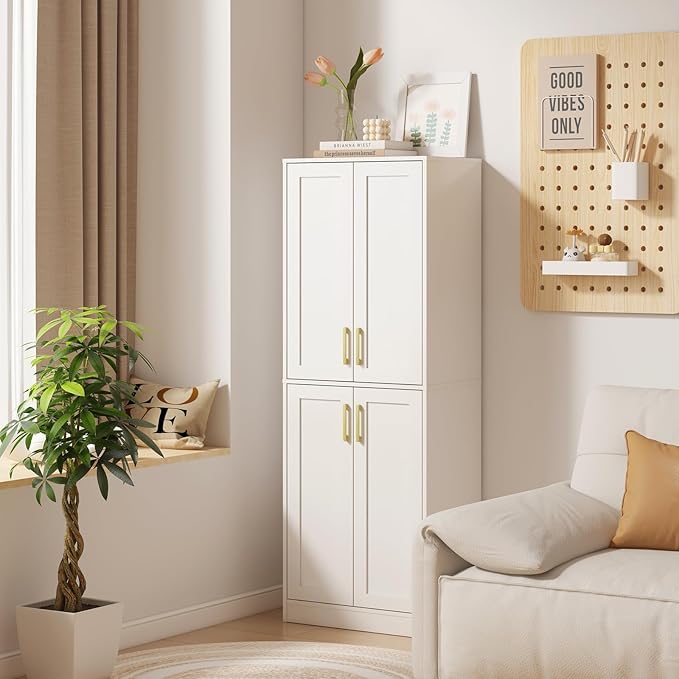 Storage Cabinet, Kitchen Pantry with Doors & Shelf, Tall Storage Cabinet for Bathroom, Living Room, Entryway,White-Ruum Studio Home