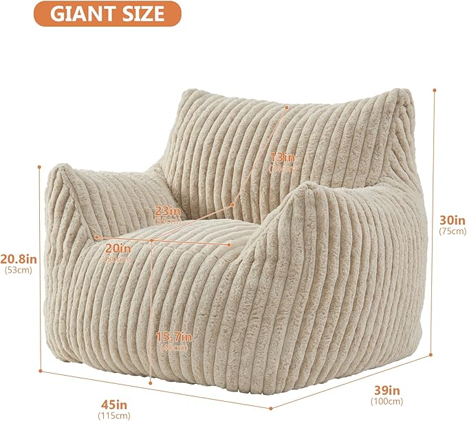 Giant Bean Bag Chairs for Adults with Filling Plush Fluffy Bean Bag Chairs for Teens with Armrests Comfy BeanBag Lazy Couch Sofa Chair for Bedroom Living Room Reading-Ruum Studio Home