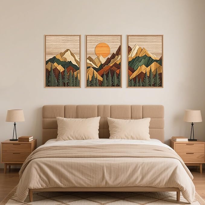 Celestdeco Woodcut Style Mountain Framed Canvas Wall Art Set, Large Brown Ridge Wall Decor, Boho Pine Tree Wall Painting, Abstract Wooden Art Print for Living Room, Bedroom, Office - 16"X24"X3 (Not-3D Effect)-Ruum Studio Home