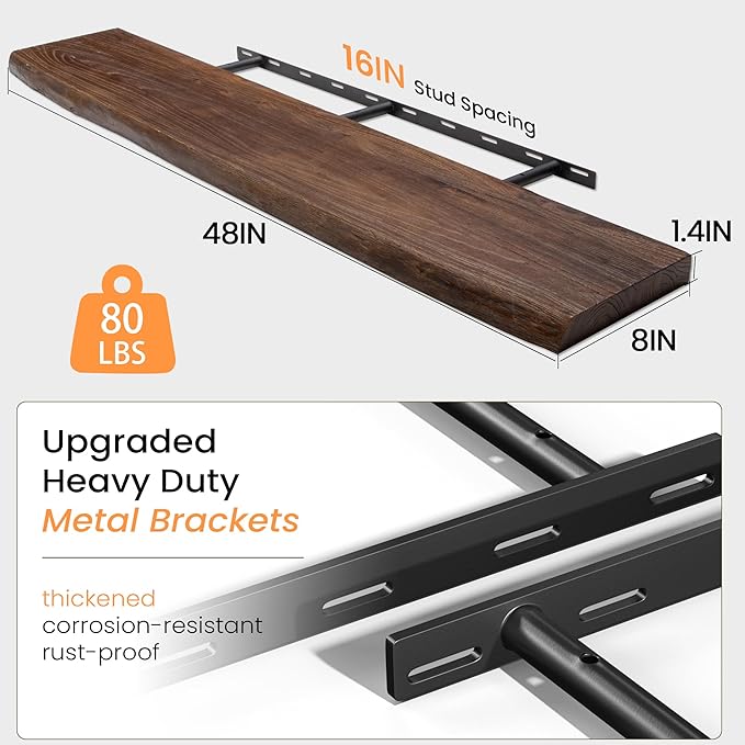 Wood Floating Shelves for Wall, 48 Inch Floating Shelves Wall Mounted, Rustic Live Edge Elm Wood Shelf for Home Decor, Heavy-Duty Storage Shelves for Books, Bathroom, Kitchen, Walnut Finish-Ruum Studio Home