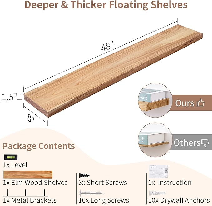 Axeman Rustic Elm Wood Floating Shelves for Wall, 48'' x 8" Deep Wall Shelf with Invisible Bracket, Large Long Wall Mounted Storage Shelves for Living Room, Bedroom, Kitchen, Bathroom Decor, Natural-Ruum Studio Home