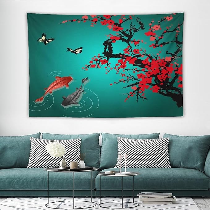 Houselerax Japanese Koi Fish Tapestry, Cherry Blossoms Asian Oriental Green Teal Floral Branch Koi Fish Carp Tapestries Wall Hanging for Bedroom Living Room Office Decor 90"x60"-Ruum Studio Home